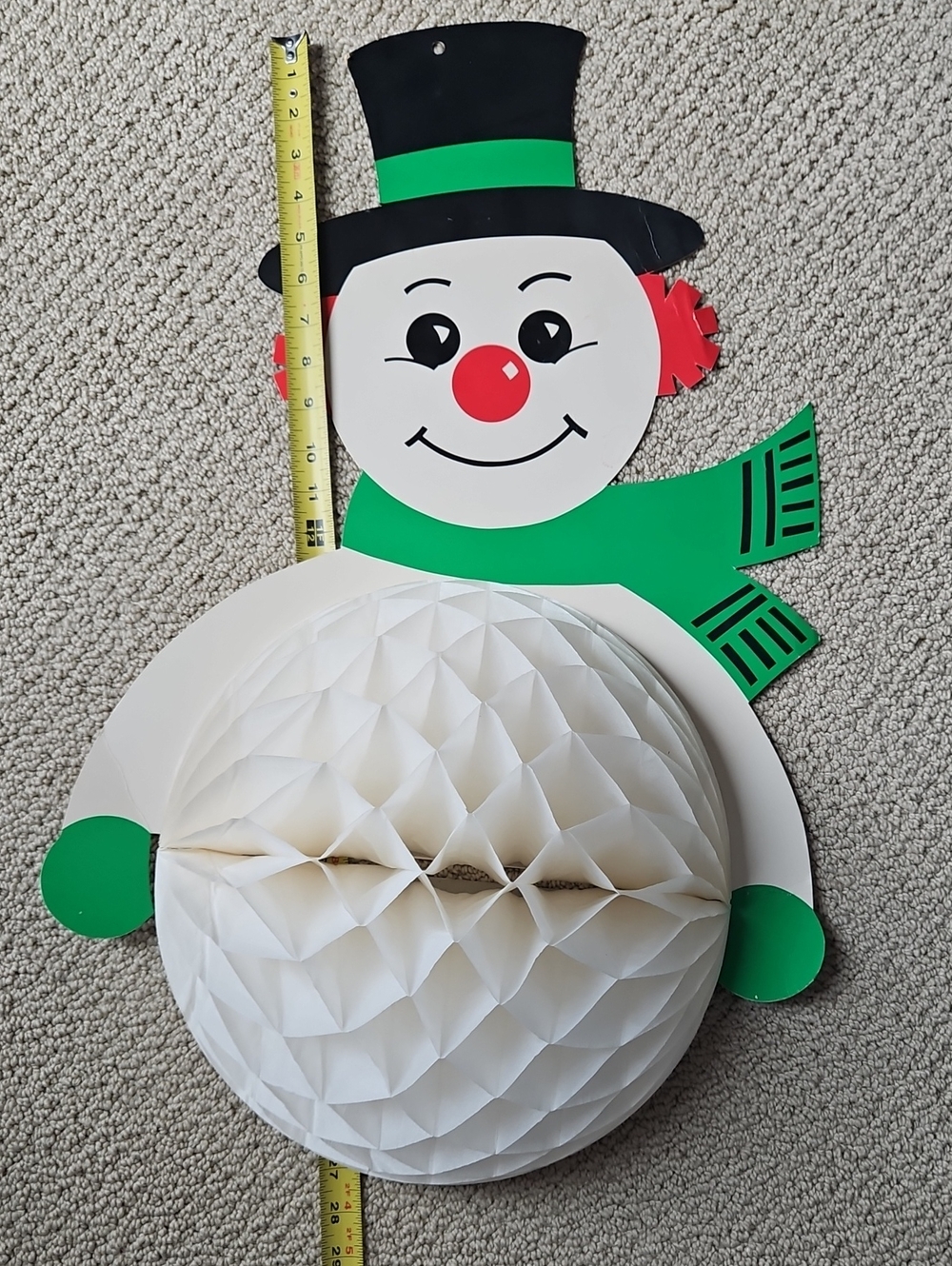 Vintage Beistle Snowman Honeycomb Wall Decoration - Green Scarf, Black Hat